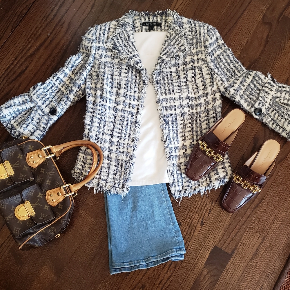 Lafayette 148 New York Tweed Fringe Bell Sleeve Crop Blazer Jacket Size 2/4